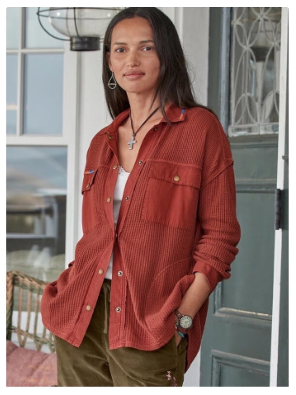 Sundance Brick Red Waffle Knit Button-Up Shirt Jacket
